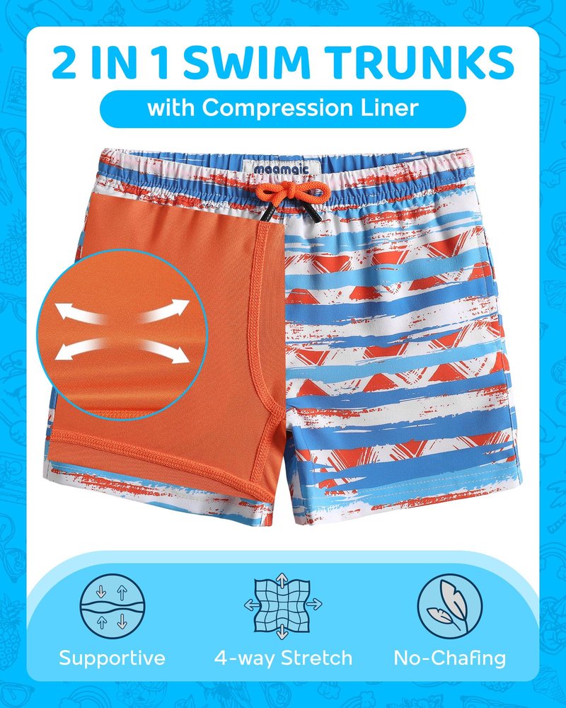 maamgic Boys Swim Trunks with Compression Liner Toddler Boy Swimsuit Quick Dry 4-Way Stretch Swimming Trunks Mottled Stripes 4T