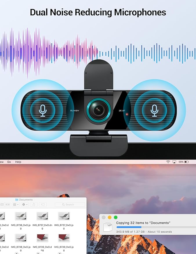 RUWBY QHD 2K Webcam with Built-in Dual Mics, Wide-Angle Lens, Privacy Cover, Tripod Stand, Autofocus PC Camera, Plug and Play for Desktop Computer or Laptop