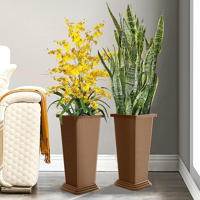 Set of 2 Tall Planters, 24" Large Indoor Outdoor Flower Pots with Tray, Modern Tapered Planters for Porch, Patio, Garden, Backyard