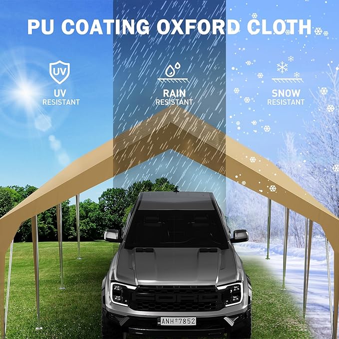 10x20FT Heavy Duty Carport Canopy with Sturdy Frame, Portable Waterproof and UV-Resistant Garage Shelter, Adjustable Height for Car, Boat, Outdoor Storage and Parties Yellow