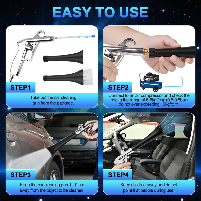 2 Nozzles Air Cleaning Gun, Dry Cleaning Gun Quickly Blasts Dust, Dirt and Grime from Surface, Dryer Air Blow Gun Works with Air Compressor, Car Detailing Tool for Interiors Exteriors Deeply Cleaning