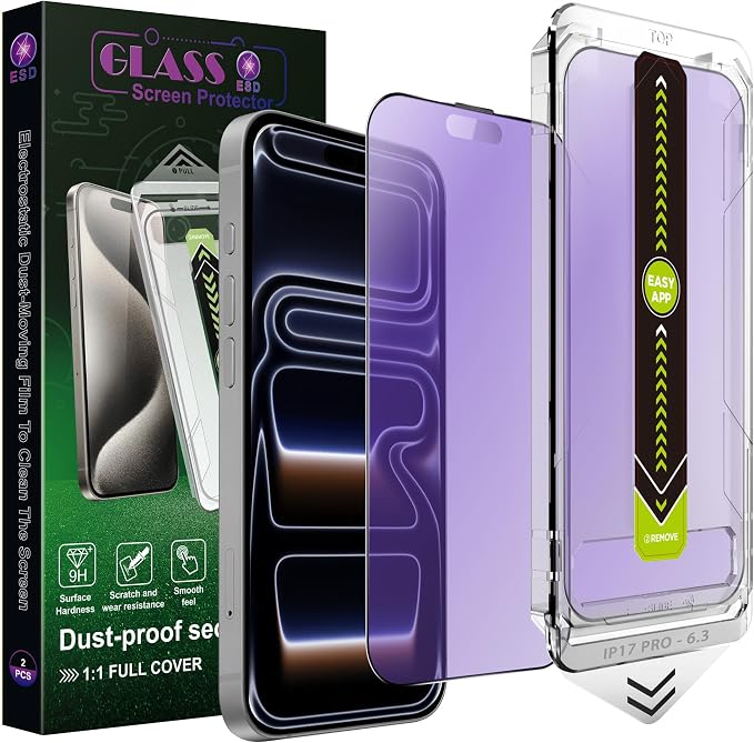 2-Pack Anti Blue Light Blocking Matte Screen Protector for iPhone 17 Pro (6.3-Inch)Anti-Glare9H Tempered GlassFull CoverageAnti-FingerprintAuto Dust RemovalBubble-Free