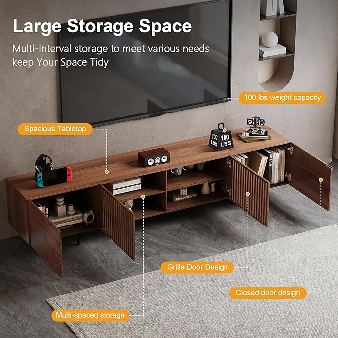 Pajiasen 94.48″ Mid Century Modern Walnut TV Stand with Grille Doors, Storage Cabinets,Entertainment Center for TVs Up to 80",Media Console for Living Room or Bedroom