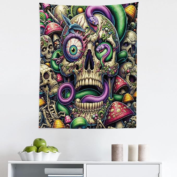 Ambesonne Trippy Tapestry, Spooky Artwork of Psychedelic Snake Mushroom Huddles Skulls Monster Eye, Fabric Wall Hanging Decor for Bedroom Living Room Dorm, 23" X 28", Green Purple Pale Khaki