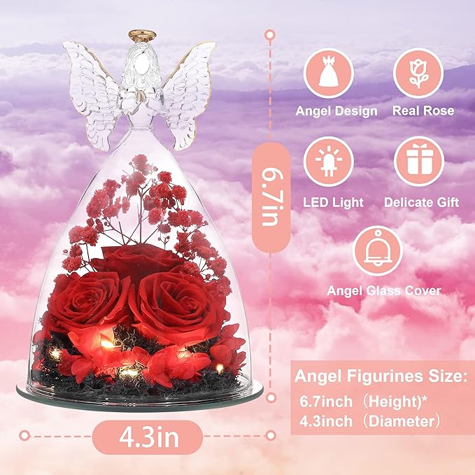 Ocosy Mothers Day Rose Gifts for her, Large Angel Rose Gifts for Women, Forever Real Roses in Angel Figurines, Angel Guardian with Roses Flower, Red