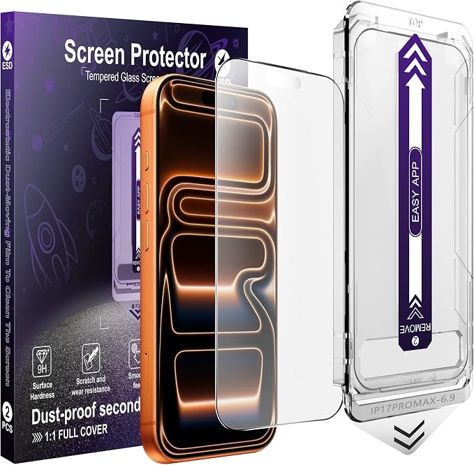 2 Pack Matte Glass Screen Protector for iPhone 17 Pro MaxMatte Anti-Glare Tempered GlassAnti-FingerprintAnti-Reflection Auto Alignment Scratch Resistant 9H Glass Screen Cover