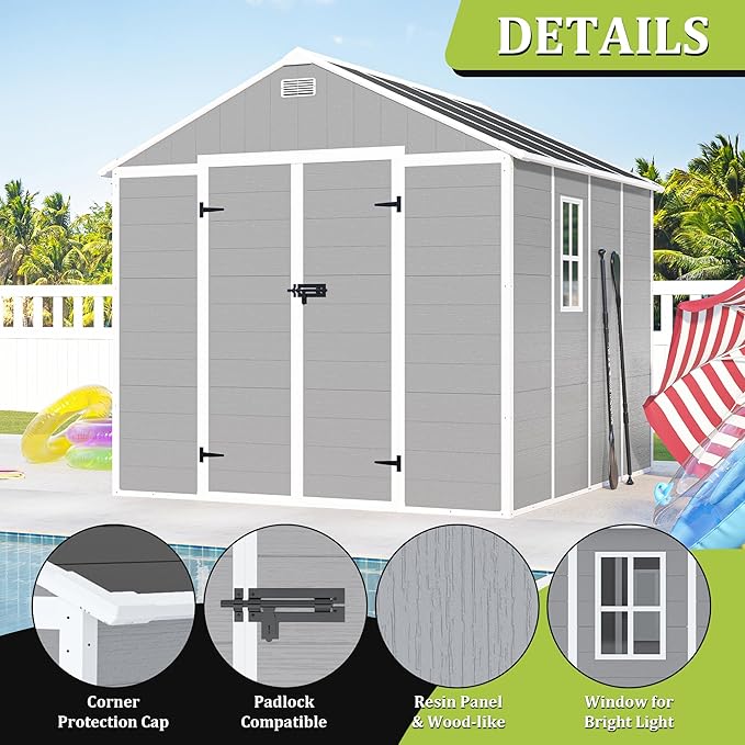 8x8 FT Outdoor Storage Resin Shed with Floor,Waterproof Plastic Garden Bike Shed with Lockable Door, Sloped Roof, Vents & Windows, Easy Assembly Tool Shed for Lawn, Backyard, Patio, Grey