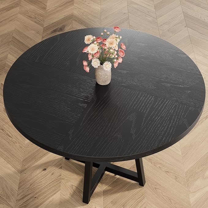 GAOMON Industrial Round Dining Table, 47 Inch Round Kitchen Table for 4, Dinner Table with Wooden Top and Metal Base for Dining Room, Living Room (Black, 47.2 in w/Storage)