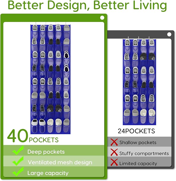 Unjumbly Over the Door Shoe Organizer with 40 Large Breathable Mesh Pockets, Space Saving Shoe Holder, Hanging Shoe Rack for Entryway Bedroom Closet Storage (Navy Blue, 40 Pockets)