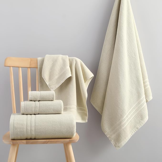 REDKISS 6 Piece Luxury Bath Towel Set - 100% Cotton Towels for Bathroom, 600 GSM Premium Beige Towels of 6, Includes 2 Large Bath Sheets, 2 Hand Towel, 2 Washcloths, Highly Absorbent