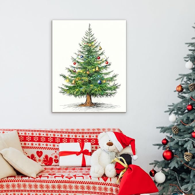 Framed Christmas Pictures Wall Decor,Vintage Pine Tree Prints,Winter Christmas Canvas Wall Art Decoration for Bedroom Bathroom Living Room Rustic Xmas Holiday Gifts (Christmas Tree 4, 24'' X 36'')