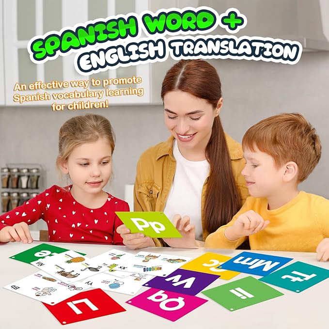 Spanish Flash Cards Toddler Bilingual Baby Cognitive Flashcards, Alphabet, Animals, Numbers, Shapes Colors, First Words, Body Parts,Emotions,Educational Toys Kindergarten Learning Activities
