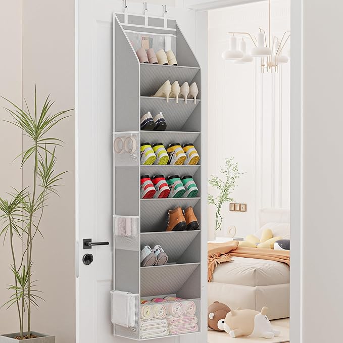 Criusia Shoe Organizer, Over the Door Shoe Organizer, Hanging Closet Shoe Storage with Large Deep Pockets, Fits 16–24 Pairs of Sneakers, Sandals, Boots, Gray