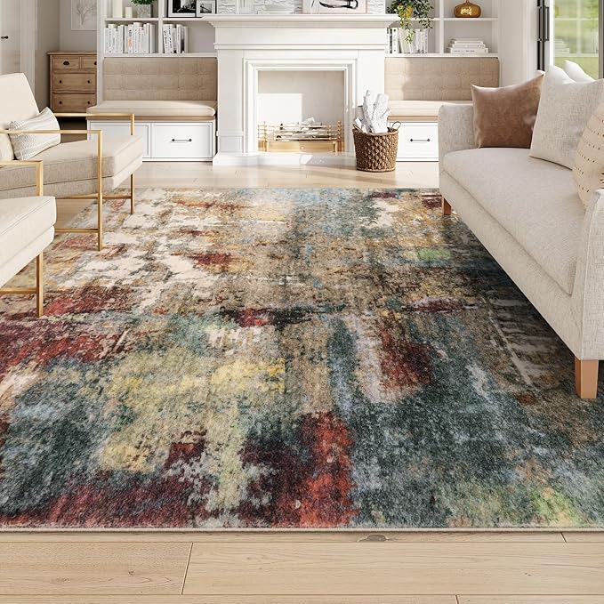 Lahome Modern Abstract 9x12 Area Rugs for Bedroom, Washable Living Room Rug for Bedroom Low Pile Non Slip, Red Soft Indoor Accent Carpet for Dining Room Table Home Decor Use