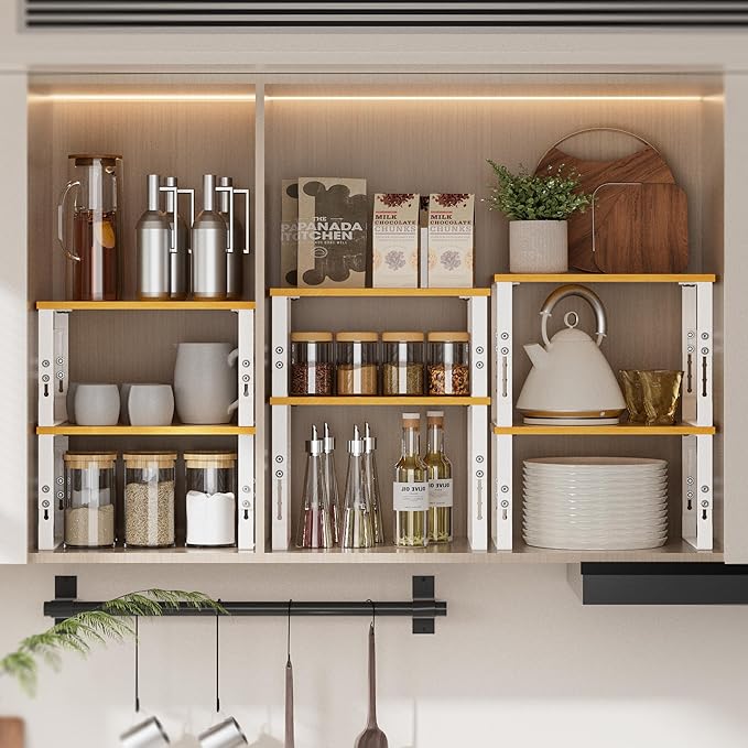 Wobmmi Kitchen Cabinet Organization Shelf，Set of 2 Height Adjustable Storage Racks，Stackable，Expandable，Countertop Shelves Organizer，Pantry Shelving(1PACK/Large/White)