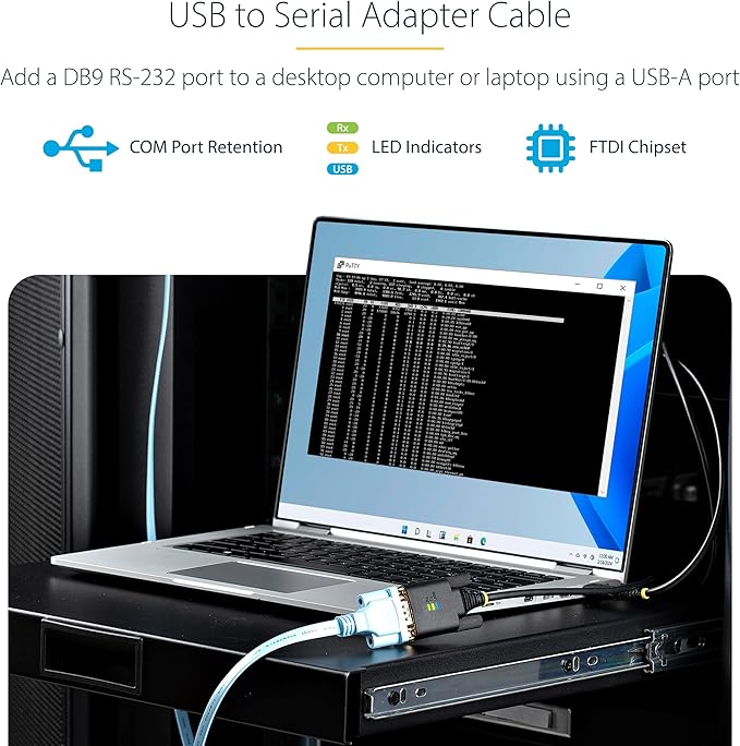 StarTech 10ft USB to Serial Adapter Cable FTDI IC (1P10FFC-USB-SERIAL) | USB-A to DB9 RS232 Interchangeable DB9 Screws Nuts COM Retention LED Indicators