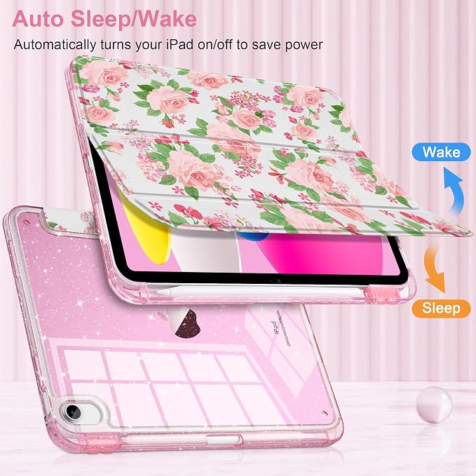 MEEgoodo Case for iPad A16 11th Generation 2025/10th Generation 2022 Glitter Tablet Cases with Transparent Acrylic Back+Trifold Stand +Pencil Holder+Auto Wake/SleepAbstract Sun &amp Palm Tree