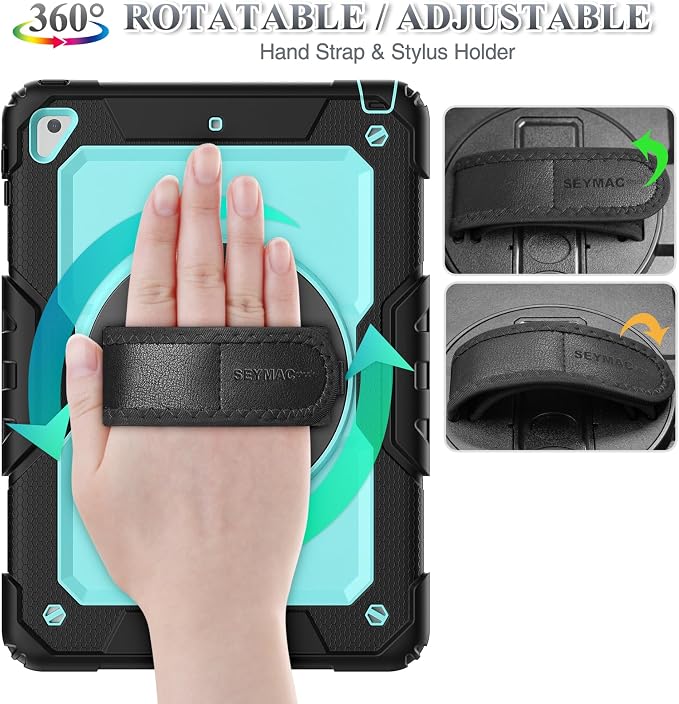 SEYMAC stock Case for iPad 6th / 5th Generation Case/Air 2 / Pro 9.7 inch Heavy Duty Protective with Screen Protector with Pencil Holder Hand Strap Shoulder Strap 360 Rotate Stand Black