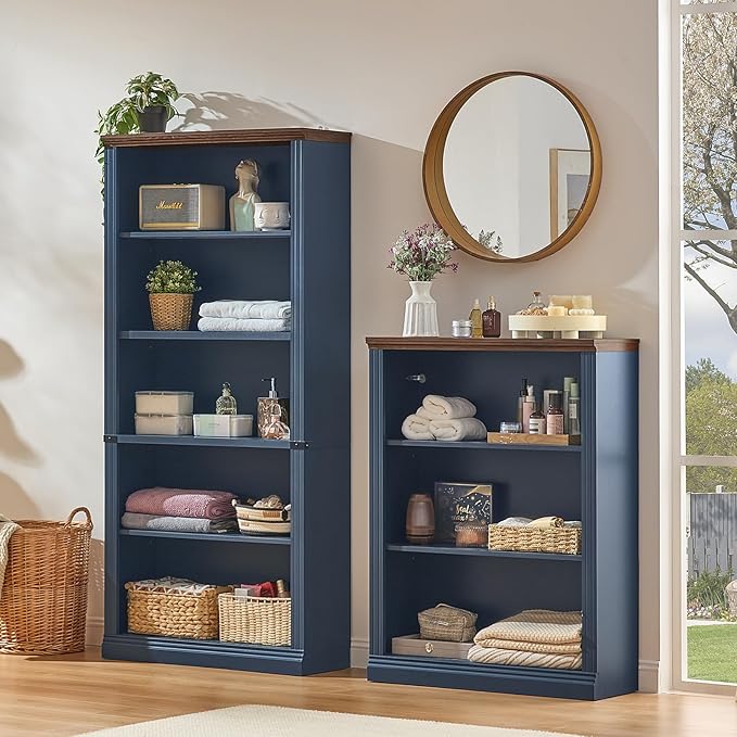 43" Blue Tall Bookshelf Set of 2,3-Tier Thick Wooden Book Shelf with Adjustable Shelves,Free Standing Farmhouse Bookcase with Open Display Storage,Floor Vintage Bookshelves for Living Room