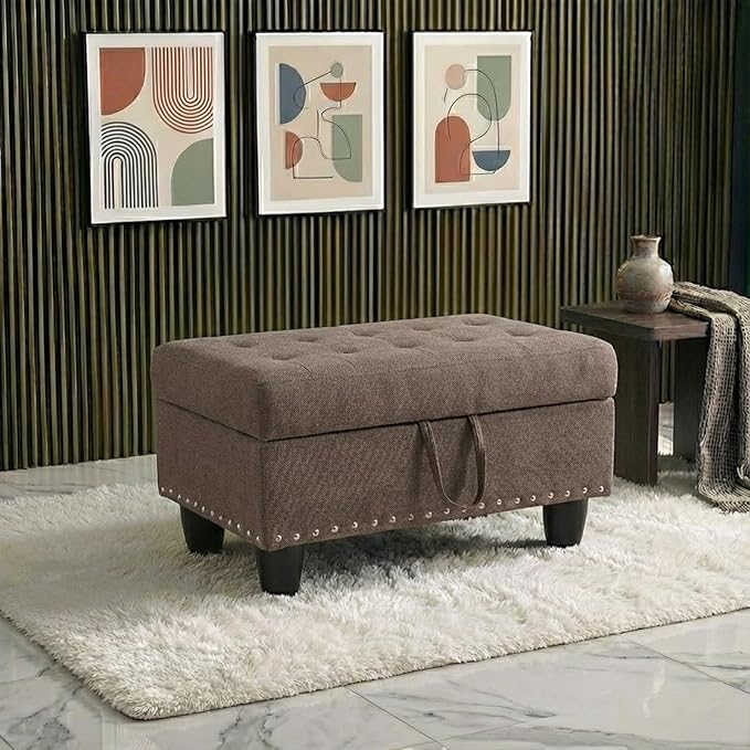 Simple Deluxe Ottoman with Storage Bench Chair, 28.5" L x 19.5" W x 17.5" H Foot Rest Stools with Non-Woven Fabric,Ottoman Storage Chest Box with Padded Seat for Bedroom, Living Room, Entryway,Brown