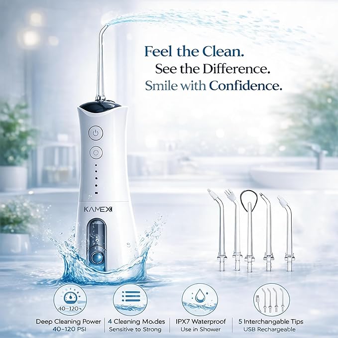 KAMEX Cordless Water Dental Flosser for Teeth Cleaning: Portable Oral Irrigator with 300ML Tank, 4 Cleaning Modes, Rechargeable IPX7 Waterproof Travel Water Flosser for Sensitive Gums, Braces