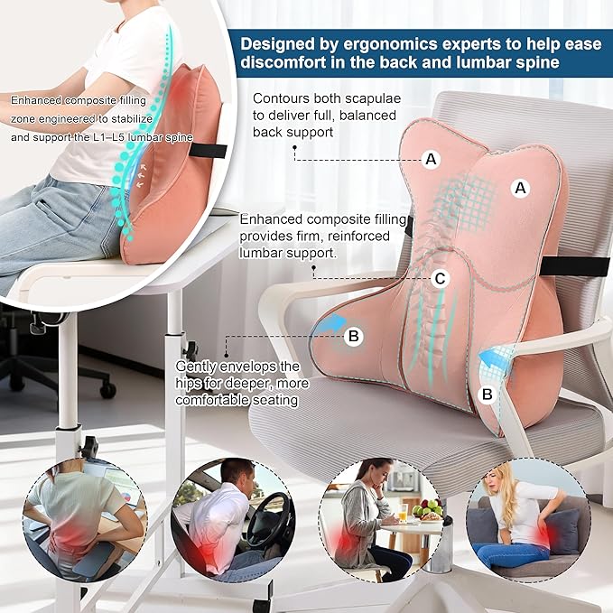 Lumbar Support Pillow(Pat. Pend) for Lower Back Pain Relief – Multi-Functional Ergonomic Lumbar Cushion, Reading Pillow for Office Chair, Car Seat & Sofa,Blush Pink