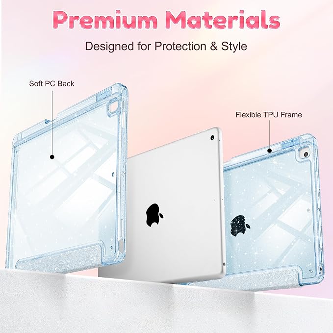 Mektron Sparkly Case for iPad 10.2 inch Glitter Tablet Cases for iPad 9th Gen 2021/8th Gen 2020/7th Gen 2019 Cover with Shiny Clear Back Shell Foldable Bling Smart Cover Blue Floral