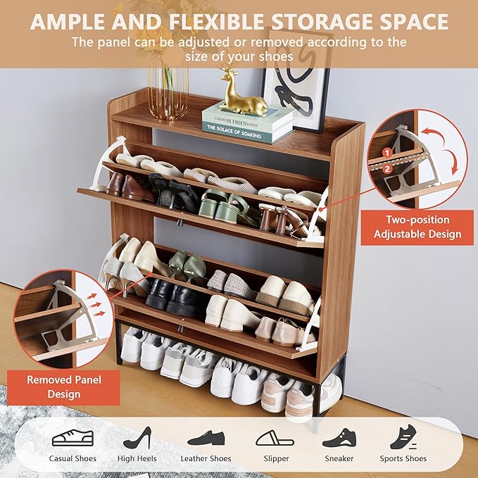 LEVNARY Shoe Storage Cabinet with 2 Flip Drawers, Wooden Narrow Shoe Cabinet Storage for Entryway, Freestanding Shoe Rack Organizer Cabinet with Metal Legs for Hallway (1, Walnut)