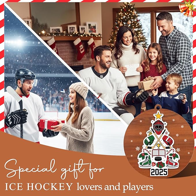 Ice Hockey Christmas Ornament 2025- Ice Hockey Gifts for Players, Family, Friends, Sport Lovers, Coaches - 2 Layer Wooden Hockey Ornaments for Christmas Tree - Sports Wood Hanging Decor Ornaments