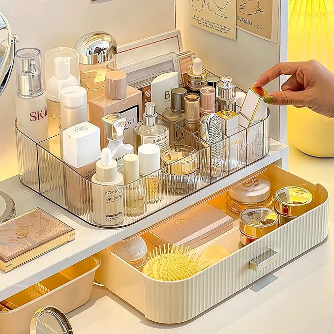 Makeup Organizer with Stackable Drawer, Cosmetic Storage Display Case for Vanity, Bathroom Countertop or Dresser,Counter top Holder for Lipstick, Brushes, Lotions, Eyeshadow, Nail Polish