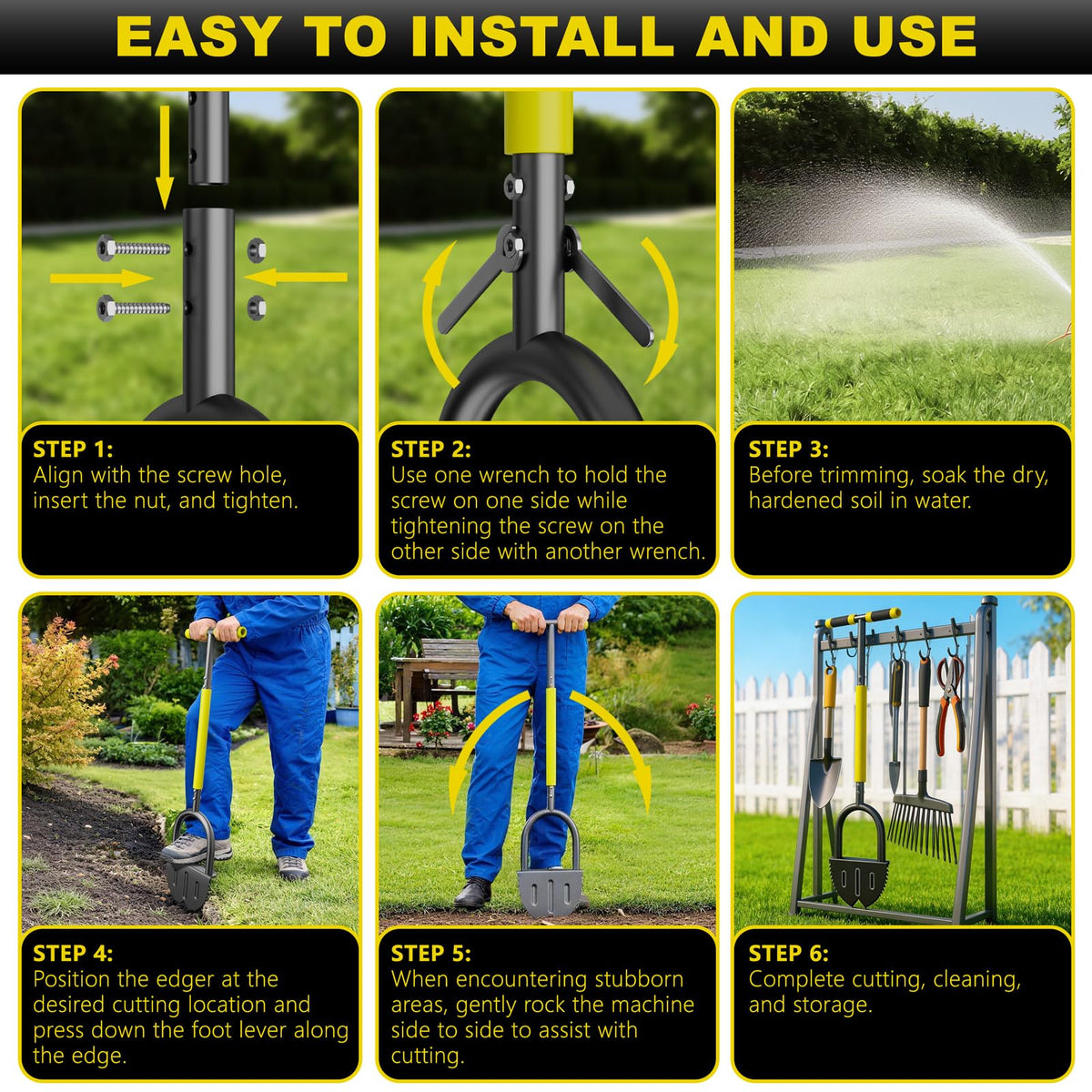 Half Moon Edger Lawn Tool with Double V-Shaped Saw-Tooth Blade & Rubber T-Grip, 40in Edging Shovel for Landscaping, Garden Edging Tool for Landscaping, Manual Lawn Edger Tools for Garden Maintenance