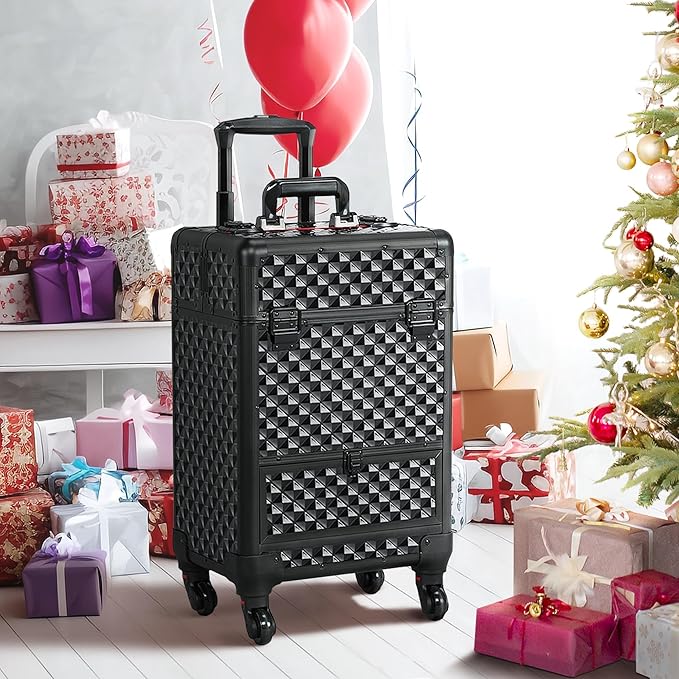 Yaheetech Rolling Makeup Train Case Aluminum Cosmetic Case with Wheels Barber Case Salon Lockable Travel Trolley with Sliding Drawers Removable Divider, Black/Red