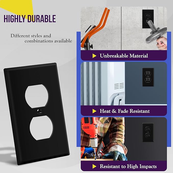 ENERLITES Duplex Receptacle Outlet Wall Plate, Size 1-Gang 4.50" x 2.76", Unbreakable Polycarbonate Thermoplastic, 8821-BK, Black