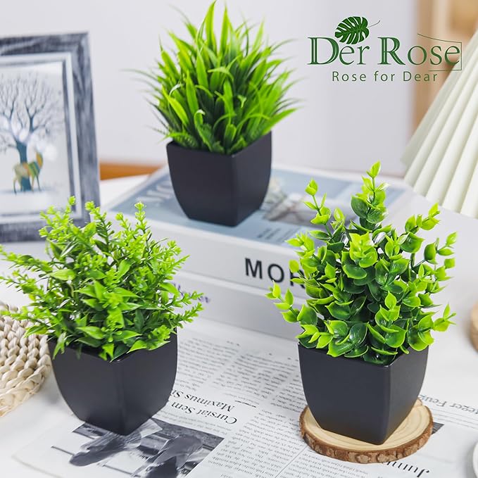 Der Rose 4 Pack Fake Plants Small Artificial Mini Faux Plants Indoor Black Bathroom Accessories for Room Home Office Shelf Decor