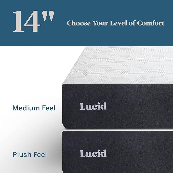 LUCID 14 Inch Memory Foam Mattress - Plush Feel - Memory Foam Infused with Bamboo Charcoal and Gel - Temperature Regulating - Pressure Relief - Breathable - Premium Support - King Size