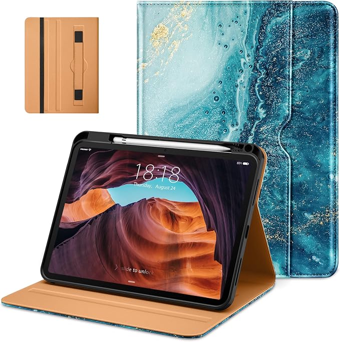 DTTO for iPad (A16) 11th Generation 11-inch &amp 10th Gen Case Brown | Premium Leather Business Cover with Pencil Holder Hand Strap &amp Pocket Corner Protection Auto Sleep/Wake for Work &amp