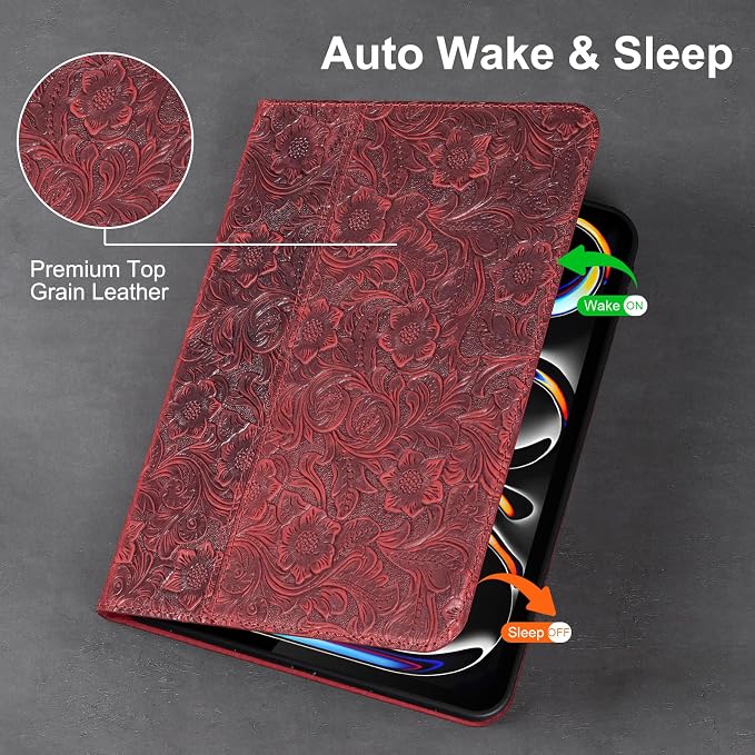 Gexmil Genuine Leather Case for iPad pro 11 Inch 2022/2021 4th/3rd Gen iPad Pro 11 2020/2018 Cover 2nd/1st Gen. CoverReal Leather Cowhide ShockproofFloral Pattern | Genuine Leather Cover for iPad P