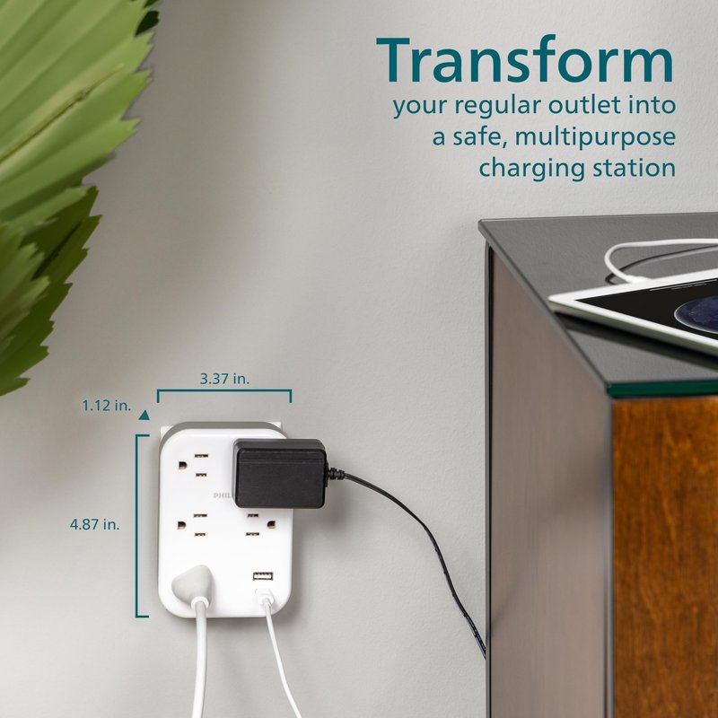 Philips EZFit 5-Outlet Extender Wall Tap with Surge Protection, Grounded Adapter, Charging Station, 3 Prong, 1 USB-A, 1 USB-C, 900J, White, SPP3513W/37