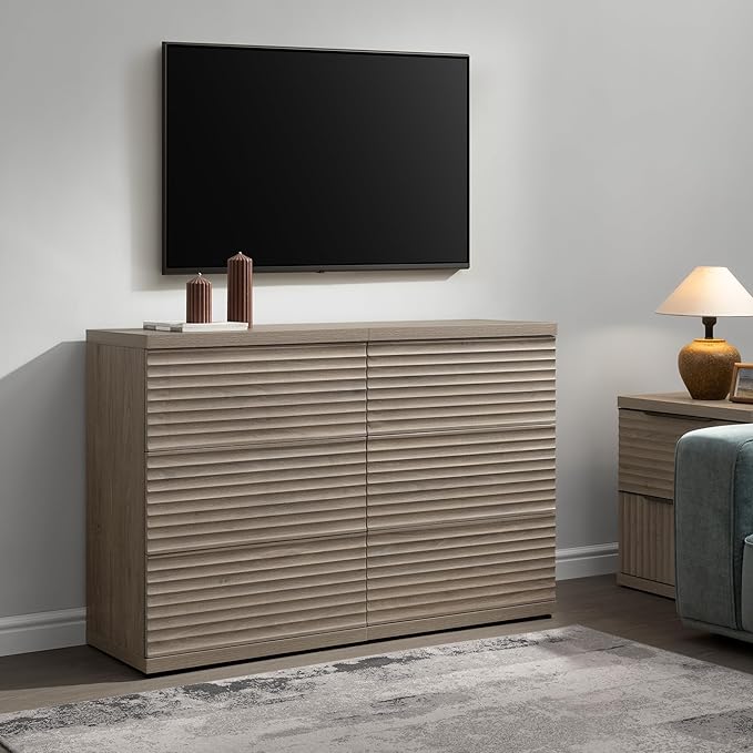 SICOTAS Sideboard Buffet Cabinet with Storage, Modern Credenza Storage Cabinet with 3 Larger Drawers, Fluted Media Console Mid Century Coffee Bar Table for Living Room Kitchen Hallway, Grey Alder