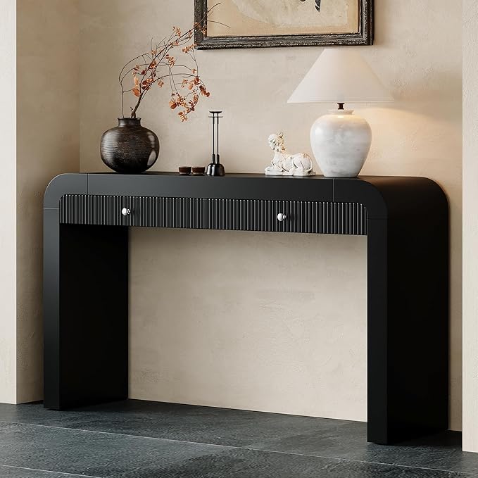 Farmhouse Modern Curved Console Table 54.3-Inch Sofa Entry Table Fluted Accent Tables with Storage Drawers for Living Room Entryway Hallway Furniture, Black