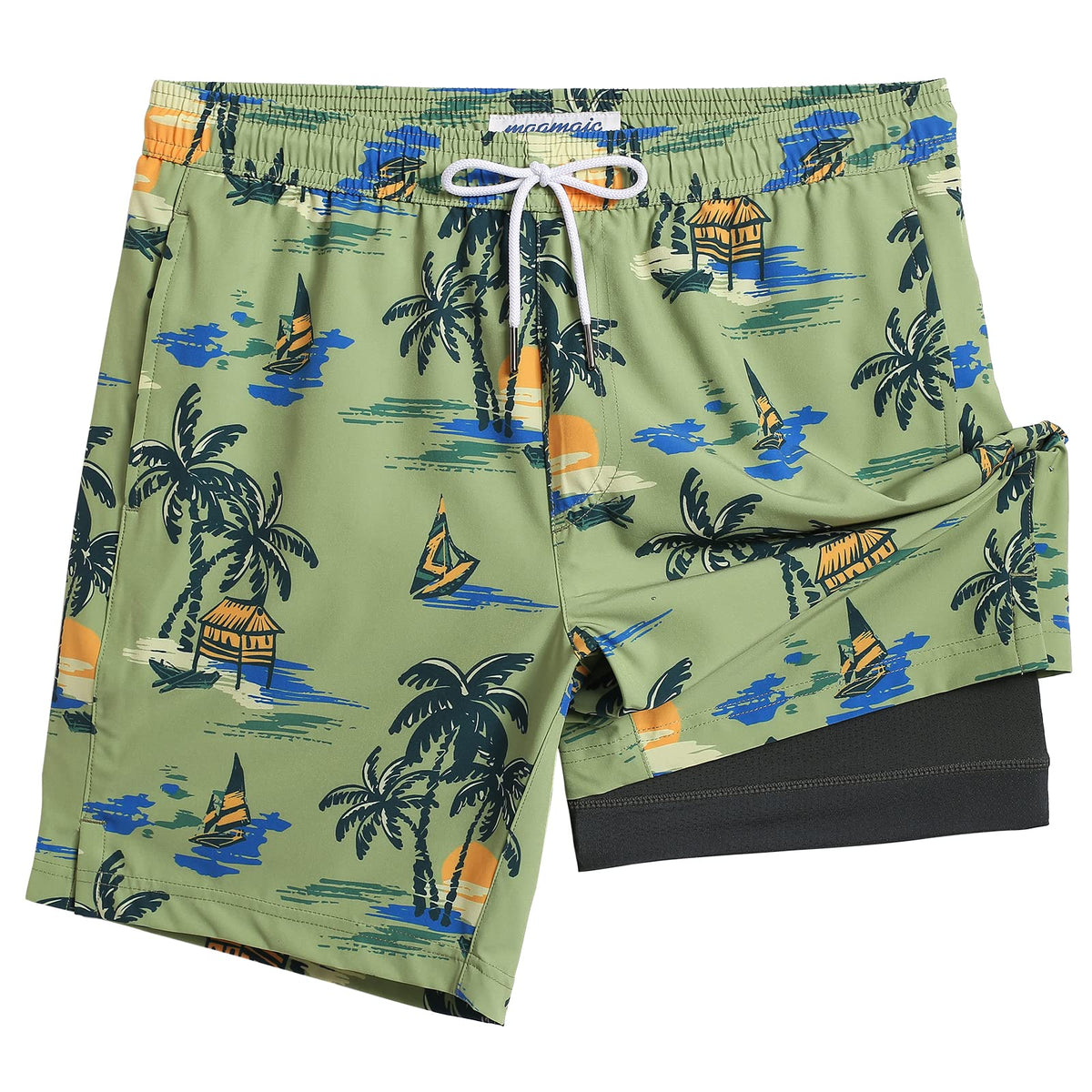 maamgic Mens Swim Trunks with Compression Liner 7 Inch Inseam Mens Bathing Suit Quick Dry Swimming Trunks Swimsuit Plamtree Green XX-Large