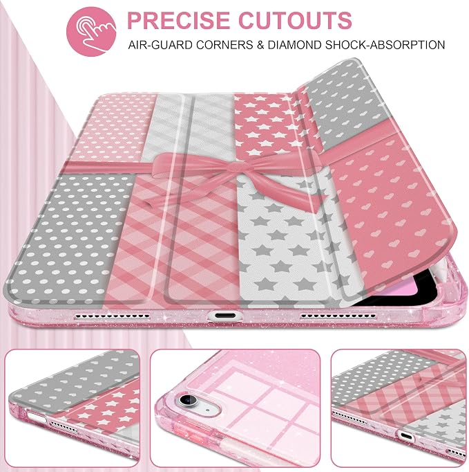 MEEgoodo Case for iPad A16 11th Generation 2025/10th Generation 2022 Glitter Tablet Cases with Transparent Acrylic Back+Trifold Stand +Pencil Holder+Auto Wake/SleepAbstract Sun &amp Palm Tree