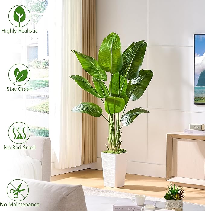 Bird of Paradise Artificial Plant, 5FT Faux Plants Indoor Banana Leaf Tree with 9 Leaves, Large Fake Tropical Potted Indoor Silk Floor Plant with White Tall Planter for House,Office,Room,Home Decor
