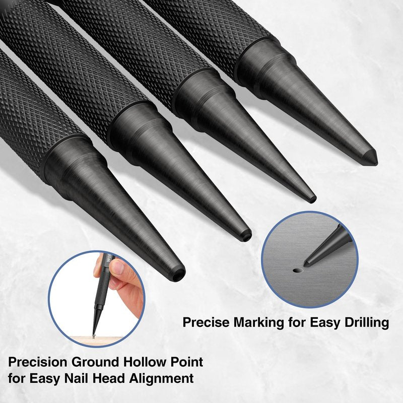 WORKPRO 4-Piece Nail Punch and Center Punch Set, Hardened Cr-V Steel with Knurled Grip,1/32", 1/16", 3/32" Nail Setter & 1/32" Center Punch Tool