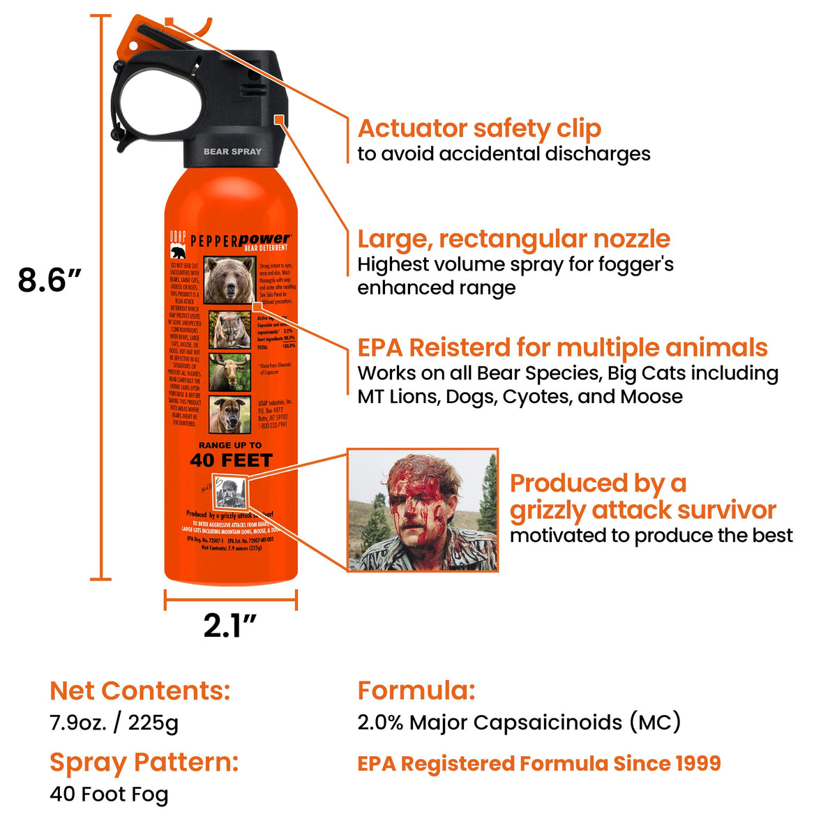 UDAP Pepper Power Bear Spray Self Defense Deterrent with Holster for Camping, Hiking, Fishing, Powerful Blast Pattern, 30 ft Fog Barrier, Safety Orange, SO2, 7.9 oz, 2 Pack