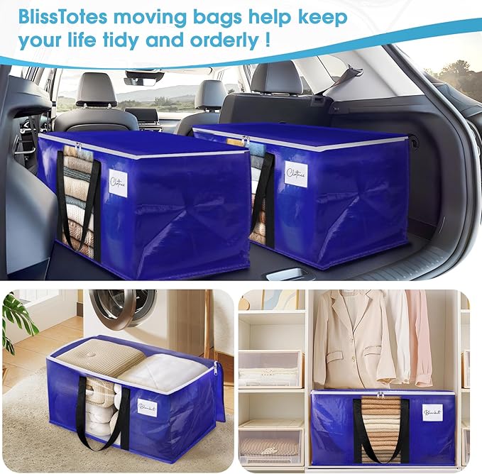 BlissTotes 4 Pack Moving Bags with Clear Window, Storage Bags with Strong Carrying Handles & Zippers,Large Packing Bags for Saving Space, Alternative to Moving Boxes(Blue,24 Gallon)