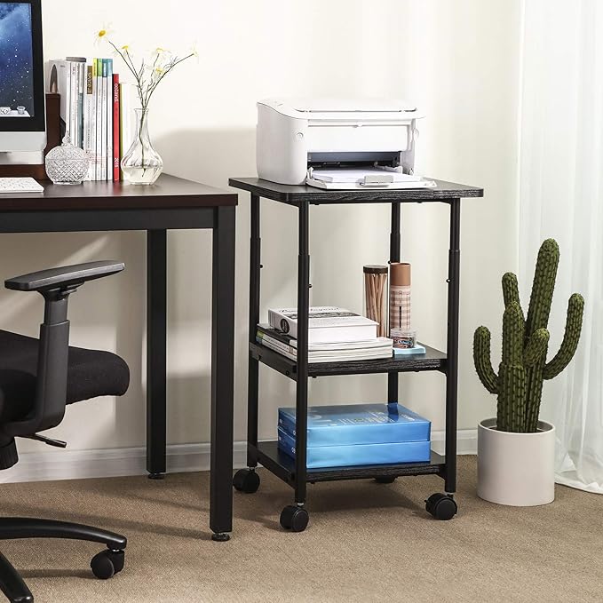 VASAGLE Heavy-Duty Printer Stand with Locking Wheels, 3-Tier Industrial Mobile Cart with Storage Shelf, Printer Table for Home, Office, 26.2-30.1" Adjustable Height, Ebony Black UOPS03B