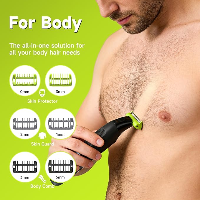 SEIHAI Body Hair Trimmer for Men, Painless Electric Beard Trimmer, Groin Trimmer for Pubic Hair, Chest, Legs, Bikini, Waterproof & USB-C with Self-Sharpening Blade Technology, with 6 Combs