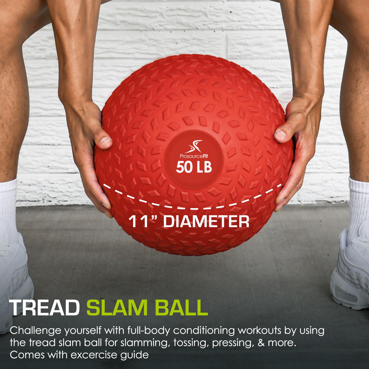 ProsourceFit Slam Medicine Ball, Tread Textured Grip Dead Weight Balls for Strength and Conditioning Exercises, Cardio and Core Workouts, 50lb, Red