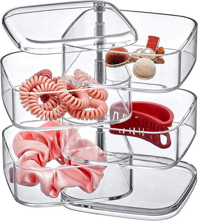 Amazing Abby - Inspire - 4-Tier Acrylic Hair Accessories Organizer with Lid, Plastic Jewelry Holder, Rotating Makeup Accessories Container, Beauty Supply Storage, Clear, Square (4.5" x 4.5")